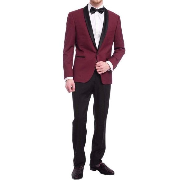GUC Bellio Slim Fit Burgundy/Black 1-button Tuxedo Jacket (38L) & Pants (32L) - Picture 1 of 12